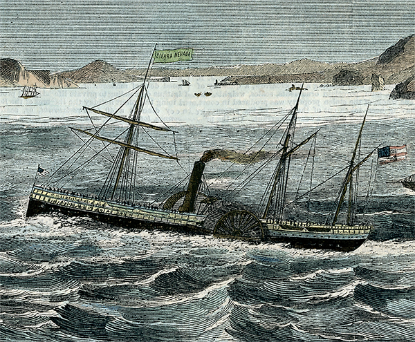 Side-wheel steamer Sierra Nevada approaching Golden Gate in 6 Jun 1857 issue of Harper's Weekly